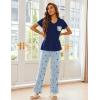 Ekouaer Pajama Sets for Women Short Sleeve Pj Set V Neck Sleepwear Chest Pocket with Long Pants Casual Loose Loungewear(Blue-navy Star)