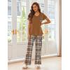 Ekouaer Pajama Sets for Women Short Sleeve Pj Set V Neck Sleepwear Chest Pocket with Long Pants Casual Loose Loungewear(Brown Bear)