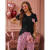 Ekouaer Pajama Sets for Women Short Sleeve Pj Set V Neck Sleepwear Chest Pocket with Long Pants Casual Loose Loungewear(Leopard Pink Love)