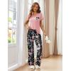 Ekouaer Pajama Sets for Women Short Sleeve Pj Set V Neck Sleepwear Chest Pocket with Long Pants Casual Loose Loungewear(Pink-black Flower)