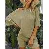 Ekouaer Pajamas 2 Piece Lounge Sets Ribbed Knit Matching Outfits T-shirt Biker Shorts Sleepwear Loungewear Sweatsuits(Gray Green)
