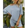 Ekouaer Pajamas 2 Piece Lounge Sets Ribbed Knit Matching Outfits T-shirt Biker Shorts Sleepwear Loungewear Sweatsuits(Light Blue)