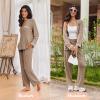 Ekouaer Women’s Pajama Sets Long Sleeve Button Down 2 Piece Pjs Soft Lounge Sets Notch Collar Sleepwear(Light Brown)