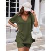 Ekouaer Womens Pajamas 2 Piece Lounge Sets Oversized V Neck T-Shirts Tops Biker Shorts Set Workout Reversible Tracksuit S-XXL(Army Green)