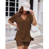 Ekouaer Womens Pajamas 2 Piece Lounge Sets Oversized V Neck T-Shirts Tops Biker Shorts Set Workout Reversible Tracksuit S-XXL(Brown)