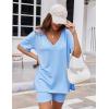 Ekouaer Womens Pajamas 2 Piece Lounge Sets Oversized V Neck T-Shirts Tops Biker Shorts Set Workout Reversible Tracksuit S-XXL(Light Blue)