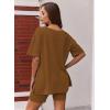 Ekouaer Womens Pajamas 2 Piece Lounge Sets Oversized V Neck T-Shirts Tops Biker Shorts Set Workout Reversible Tracksuit S-XXL(Light Brown)