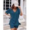 Ekouaer Womens Pajamas 2 Piece Lounge Sets Oversized V Neck T-Shirts Tops Biker Shorts Set Workout Reversible Tracksuit S-XXL(Navy Blue)