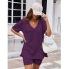 Ekouaer Womens Pajamas 2 Piece Lounge Sets Oversized V Neck T-Shirts Tops Biker Shorts Set Workout Reversible Tracksuit S-XXL(Purple)