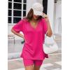 Ekouaer Womens Pajamas 2 Piece Lounge Sets Oversized V Neck T-Shirts Tops Biker Shorts Set Workout Reversible Tracksuit S-XXL(Rose Red)