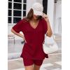 Ekouaer Womens Pajamas 2 Piece Lounge Sets Oversized V Neck T-Shirts Tops Biker Shorts Set Workout Reversible Tracksuit S-XXL(Wine Red)