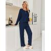 Ekouaer Womens Pajamas Set 2 Piece Lounge Sets Ribbed Knit Button Down Pjs Set Fleece Long Sleeve Sleepwear(Navy Blue)