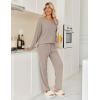 Ekouaer Womens Pajamas Set 2 Piece Lounge Sets Ribbed Knit Button Down Pjs Set Fleece Long Sleeve Sleepwear(Taupe Gray)