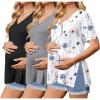 Ekouaer 3 Packs Women’s Maternity Shirts V Neck Pregnancy Tops Short Sleeve Casual Workout Tees Side Split Mama Clothes(Black / Grey / White Flower(3pcs))