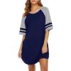 Ekouaer Cotton Nightgowns for Women Short Sleeve Sleep Shirts Crew Neck Night Shirts Soft Color Block Night Gown(Navy Blue)