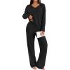 Ekouaer Lounge Sets for Women Long Sleeve Knit Ribbed Pajama Sets 2 Piece Casual Loungewear with Pockets(Black)