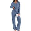 Ekouaer Lounge Sets for Women Long Sleeve Knit Ribbed Pajama Sets 2 Piece Casual Loungewear with Pockets(Captain’s Blue)