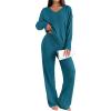 Ekouaer Lounge Sets for Women Long Sleeve Knit Ribbed Pajama Sets 2 Piece Casual Loungewear with Pockets(Green Blue)