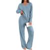 Ekouaer Lounge Sets for Women Long Sleeve Knit Ribbed Pajama Sets 2 Piece Casual Loungewear with Pockets(Light Blue)