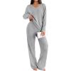 Ekouaer Lounge Sets for Women Long Sleeve Knit Ribbed Pajama Sets 2 Piece Casual Loungewear with Pockets(Light Gray)