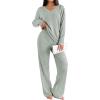 Ekouaer Lounge Sets for Women Long Sleeve Knit Ribbed Pajama Sets 2 Piece Casual Loungewear with Pockets(Light Green)