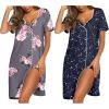 Ekouaer Nightgowns for Women 2 Pack Button Down Sleepshirt Short Sleeve Nightshirt Soft Sleepwear V Neck Pajama Dress(Grey Floral/Blue Star)
