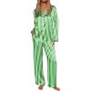 Ekouaer Silk Satin Pajamas for Women Button Down Pjs Set Long Sleeve Loungewear 2 Piece Wide Leg Sleepwear(Green White Stripe)