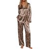 Ekouaer Silk Satin Pajamas for Women Button Down Pjs Set Long Sleeve Loungewear 2 Piece Wide Leg Sleepwear(Leopard)