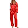 Ekouaer Silk Satin Pajamas for Women Button Down Pjs Set Long Sleeve Loungewear 2 Piece Wide Leg Sleepwear(Red)