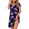 Ekouaer Women’s Nightgown Short Sleeve Sleepwear Comfy Sleepshirts Pleated Scoopneck Nightshirt S-XXXL(Floral Navy Rose)