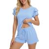 Ekouaer Womens Pajama Sets 2 Piece Ruffle Sleeves Top and Shorts Pjs Soft Sleepwear Casual Lounge Set with Pockets(Light Blue)
