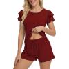 Ekouaer Womens Pajama Sets 2 Piece Ruffle Sleeves Top and Shorts Pjs Soft Sleepwear Casual Lounge Set with Pockets(Wine Red)