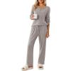 Ekouaer Womens Pajamas Set 2 Piece Lounge Sets Ribbed Knit Button Down Pjs Set Fleece Long Sleeve Sleepwear(Charcoal Gray)