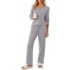 Ekouaer Womens Pajamas Set 2 Piece Lounge Sets Ribbed Knit Button Down Pjs Set Fleece Long Sleeve Sleepwear(Heather Gray)