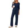Ekouaer Womens Pajamas Set 2 Piece Lounge Sets Ribbed Knit Button Down Pjs Set Fleece Long Sleeve Sleepwear(Navy Blue)