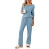 Ekouaer Womens Pajamas Set 2 Piece Lounge Sets Ribbed Knit Button Down Pjs Set Fleece Long Sleeve Sleepwear(Teal Blue)