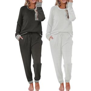 Ekouaer 2 Pack Womens Pajama Sets Long Sleeve Lounge Sets Soft Pj Sleepwear Loungewear(Black/ Black Stripe)