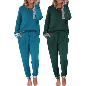 Ekouaer 2 Pack Womens Pajama Sets Long Sleeve Lounge Sets Soft Pj Sleepwear Loungewear(Bug/Green)