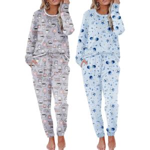 Ekouaer 2 Pack Womens Pajama Sets Long Sleeve Lounge Sets Soft Pj Sleepwear Loungewear(Coffee Gray/Star Blue)