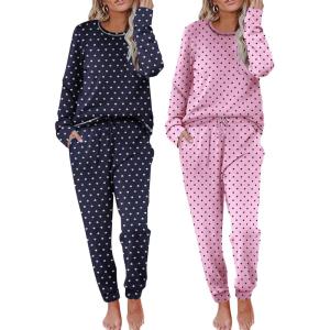 Ekouaer 2 Pack Womens Pajama Sets Long Sleeve Lounge Sets Soft Pj Sleepwear Loungewear(Heart Print/Pink Point)