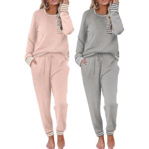 Ekouaer 2 Pack Womens Pajama Sets Long Sleeve Lounge Sets Soft Pj Sleepwear Loungewear(Lotus Pink/Light Grey)