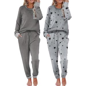 Ekouaer 2 Pack Womens Pajama Sets Long Sleeve Lounge Sets Soft Pj Sleepwear Loungewear(Middle Grey/Black Star)