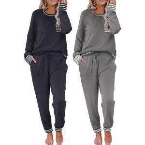 Ekouaer 2 Pack Womens Pajama Sets Long Sleeve Lounge Sets Soft Pj Sleepwear Loungewear(Navy Blue/Grey)