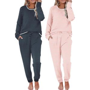 Ekouaer 2 Pack Womens Pajama Sets Long Sleeve Lounge Sets Soft Pj Sleepwear Loungewear(Pink Stripe/Black Point)