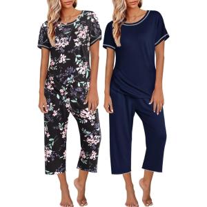 Ekouaer 2 Pack Womens Pajamas Sets Short Sleeve Tops and Capri Pants Pjs Colorful Printed Sleepwear Sets(Black Flowers  Navy Blue)