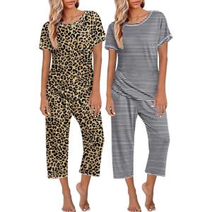 Ekouaer 2 Pack Womens Pajamas Sets Short Sleeve Tops and Capri Pants Pjs Colorful Printed Sleepwear Sets(Black Stripe，leopard)