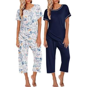 Ekouaer 2 Pack Womens Pajamas Sets Short Sleeve Tops and Capri Pants Pjs Colorful Printed Sleepwear Sets(Blue Flowers  Navy Blue)