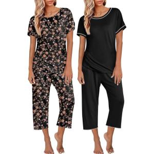 Ekouaer 2 Pack Womens Pajamas Sets Short Sleeve Tops and Capri Pants Pjs Colorful Printed Sleepwear Sets(Brown Flowers  Black)