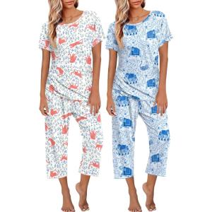 Ekouaer 2 Pack Womens Pajamas Sets Short Sleeve Tops and Capri Pants Pjs Colorful Printed Sleepwear Sets(Elephant，leopard)