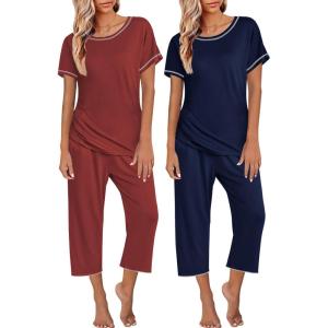 Ekouaer 2 Pack Womens Pajamas Sets Short Sleeve Tops and Capri Pants Pjs Colorful Printed Sleepwear Sets(Navy Blue  Wine Red)